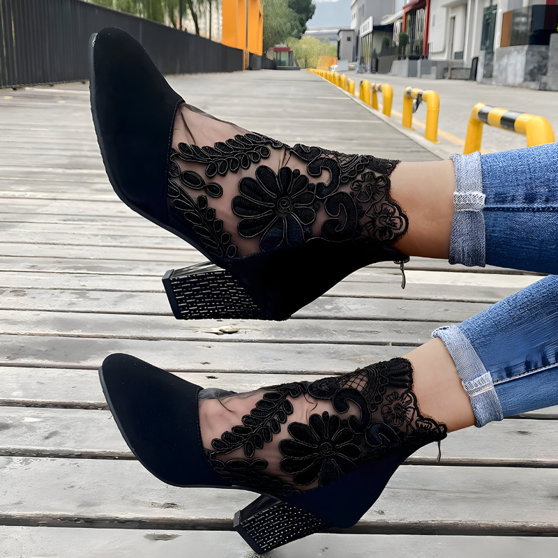 Mediterranean Lace Detail Block Heel Ankle Boots For Women | Valeria