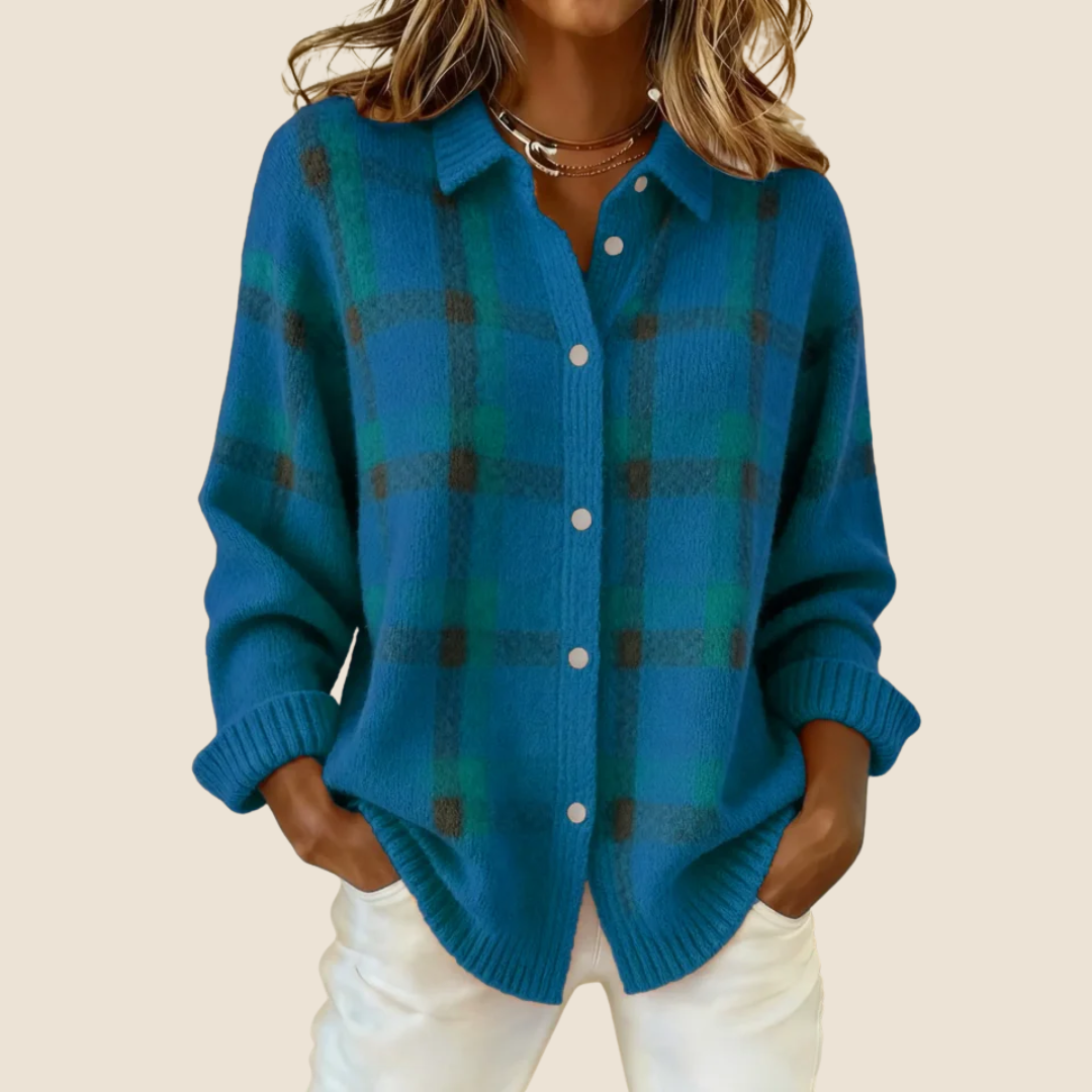 Friendly Retro Check Button Sweater For Women | Elodie