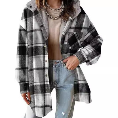 Long Relaxed Fit Hooded Plaid Jacket For Women | Brinley