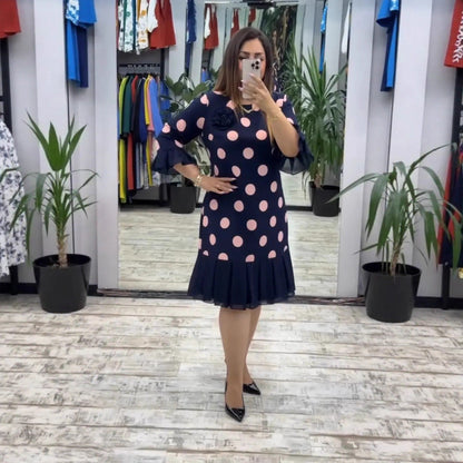 Edgy Pleated Polka Dot Midi Dress For Women | Clarisse