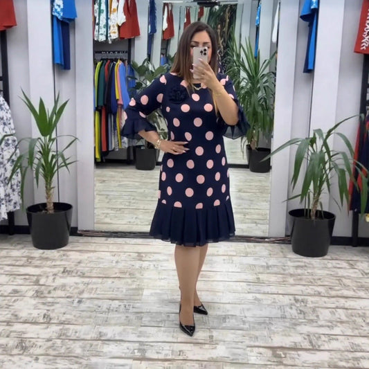 Edgy Pleated Polka Dot Midi Dress For Women | Clarisse