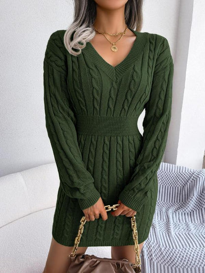 Belted Cozy Long Sleeve V Neck Sweater Dress For Women | Mirevalda