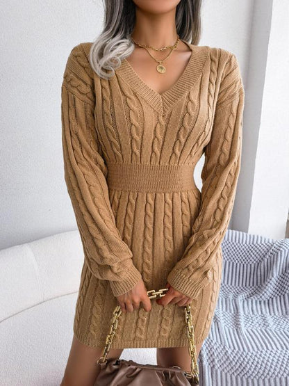 Belted Cozy Long Sleeve V Neck Sweater Dress For Women | Mirevalda