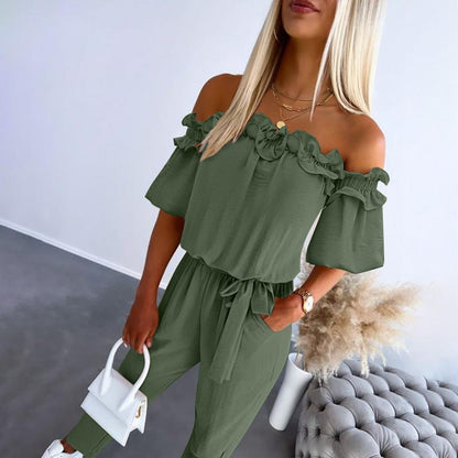 Country Chic Off-Shoulder Frill Tie Waist Jumpsuit For Women | Selene