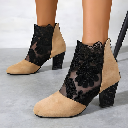 Mediterranean Lace Detail Block Heel Ankle Boots For Women | Valeria