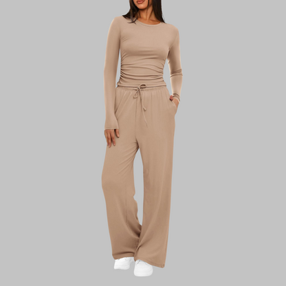 Hampstead Casual Long Sleeve Top And Wide Leg Trousers Set For Women | Eloria