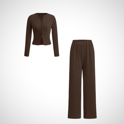 Cottage Elegant Button Front Long Sleeve Top And Trousers Set For Women | Arlena
