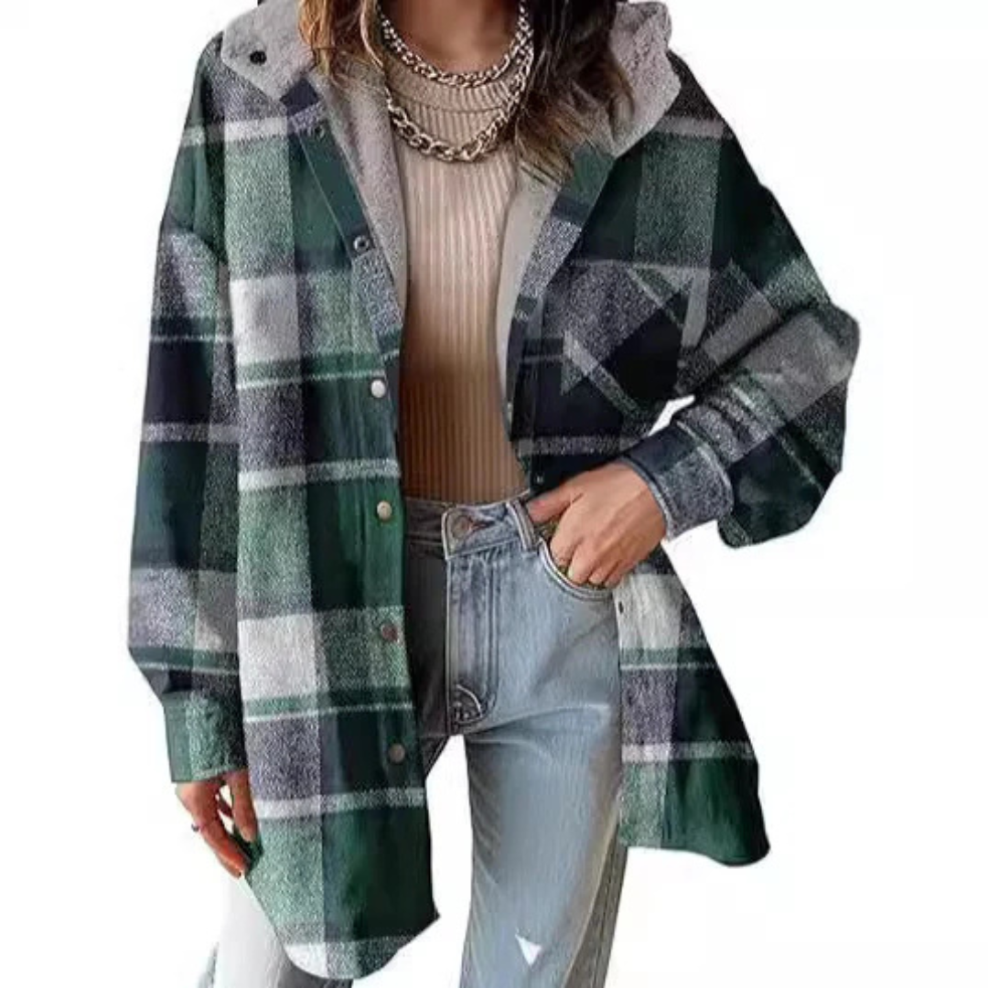Long Relaxed Fit Hooded Plaid Jacket For Women | Brinley
