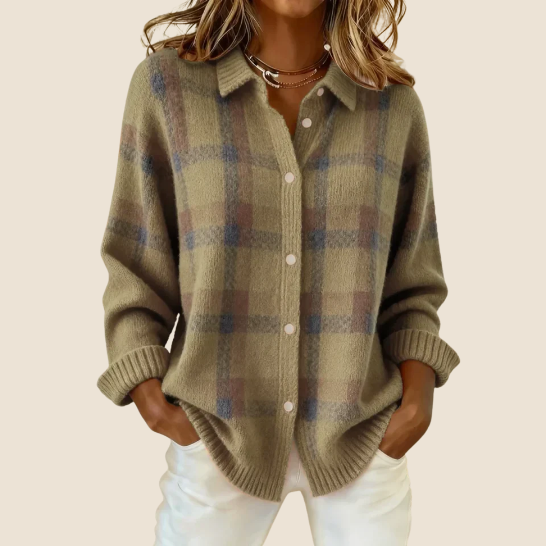 Friendly Retro Check Button Sweater For Women | Elodie