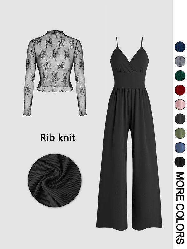 Woodland Lace Sleeve Top And Wide Leg Jumpsuit Set For Women | Soraya