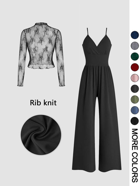 Woodland Lace Sleeve Top And Wide Leg Jumpsuit Set For Women | Soraya