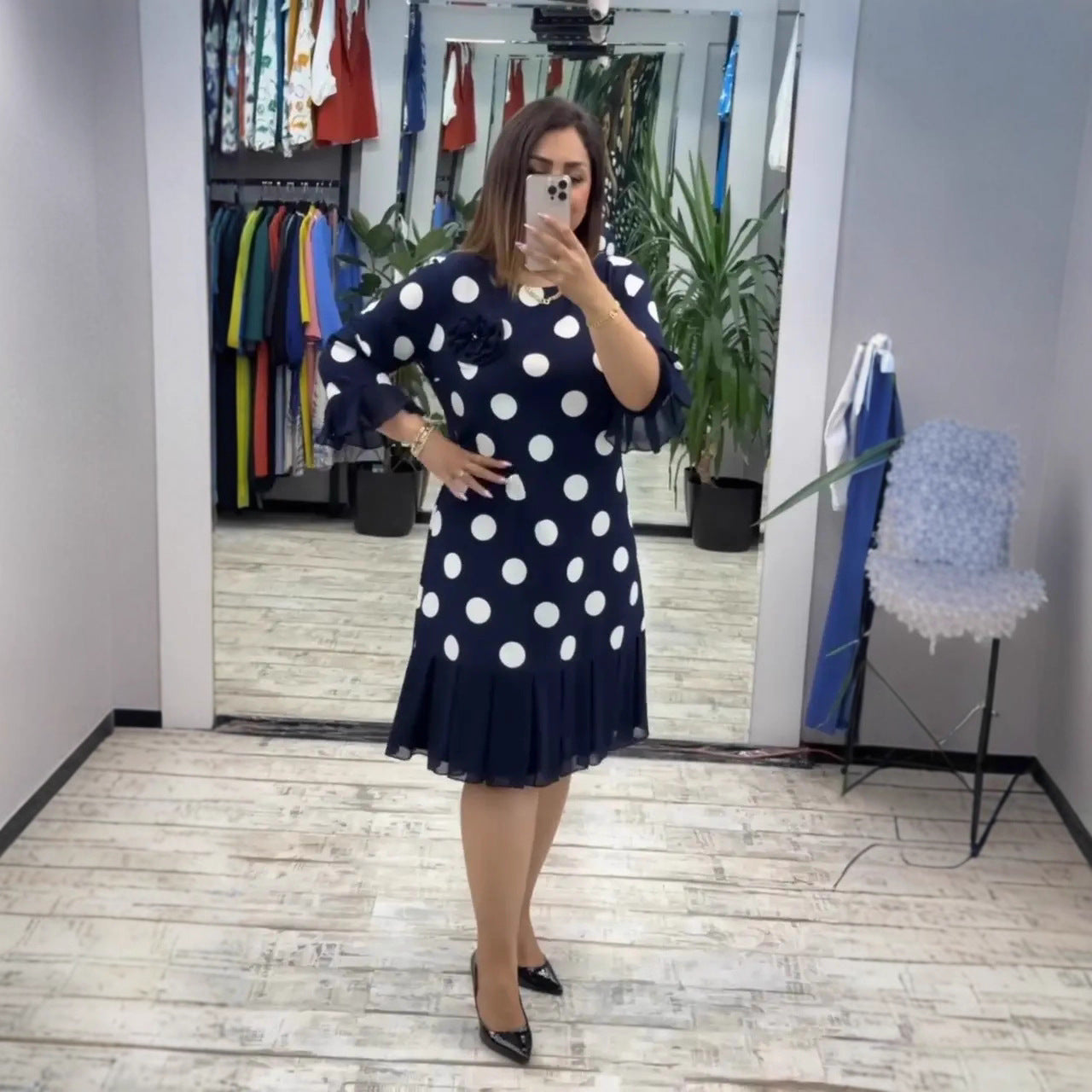 Edgy Pleated Polka Dot Midi Dress For Women | Clarisse
