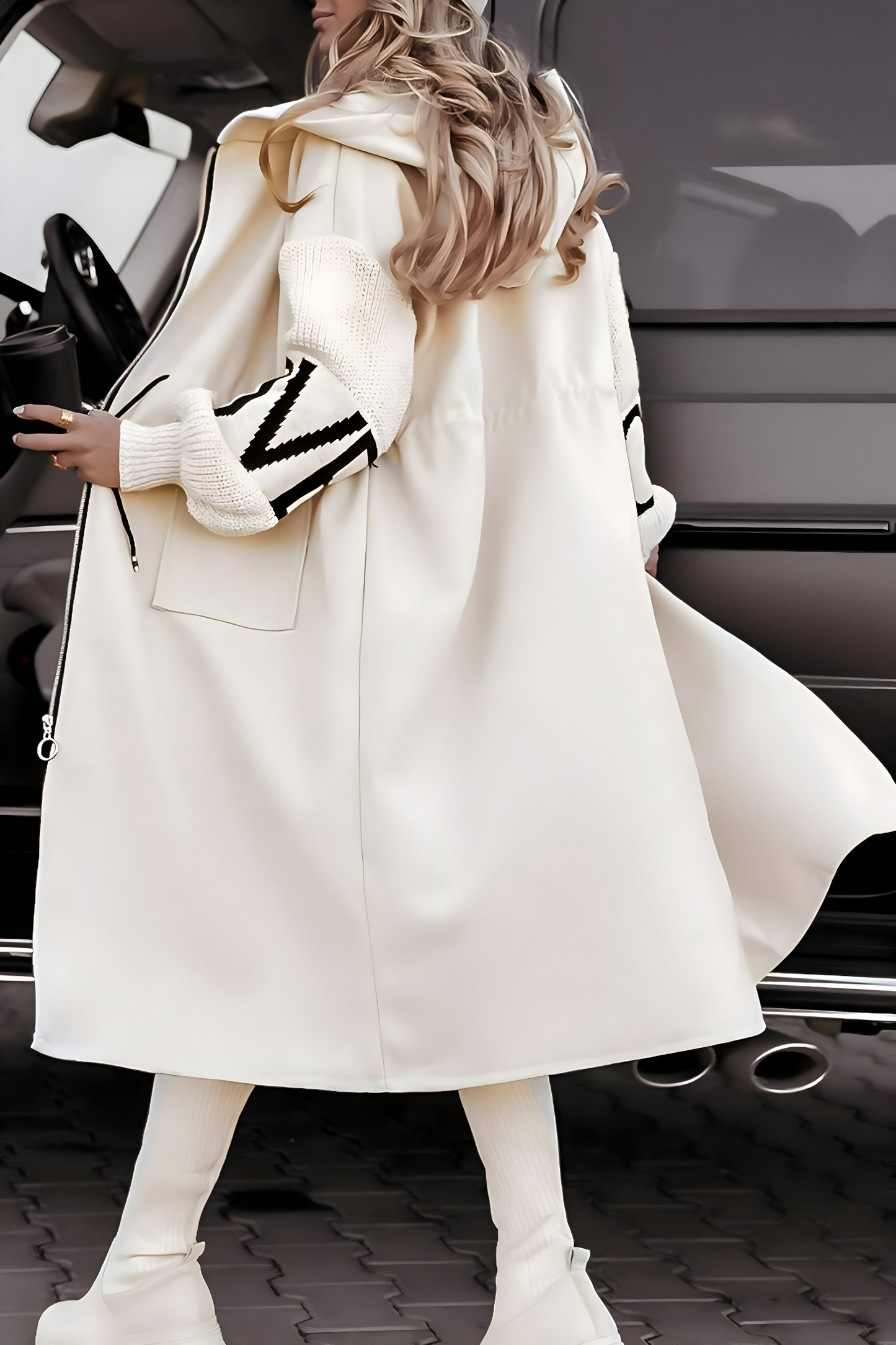Wintry Hooded jacket with knitted sleeves for women | Peggy
