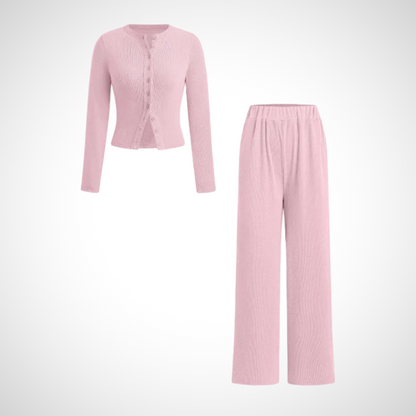 Cottage Elegant Button Front Long Sleeve Top And Trousers Set For Women | Arlena
