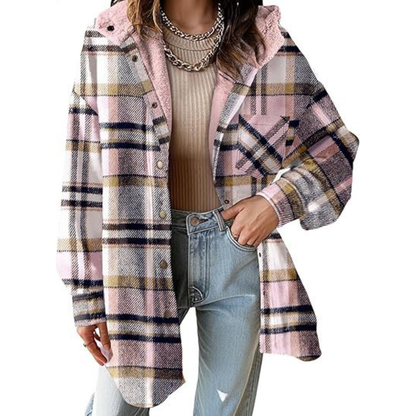 Long Relaxed Fit Hooded Plaid Jacket For Women | Brinley