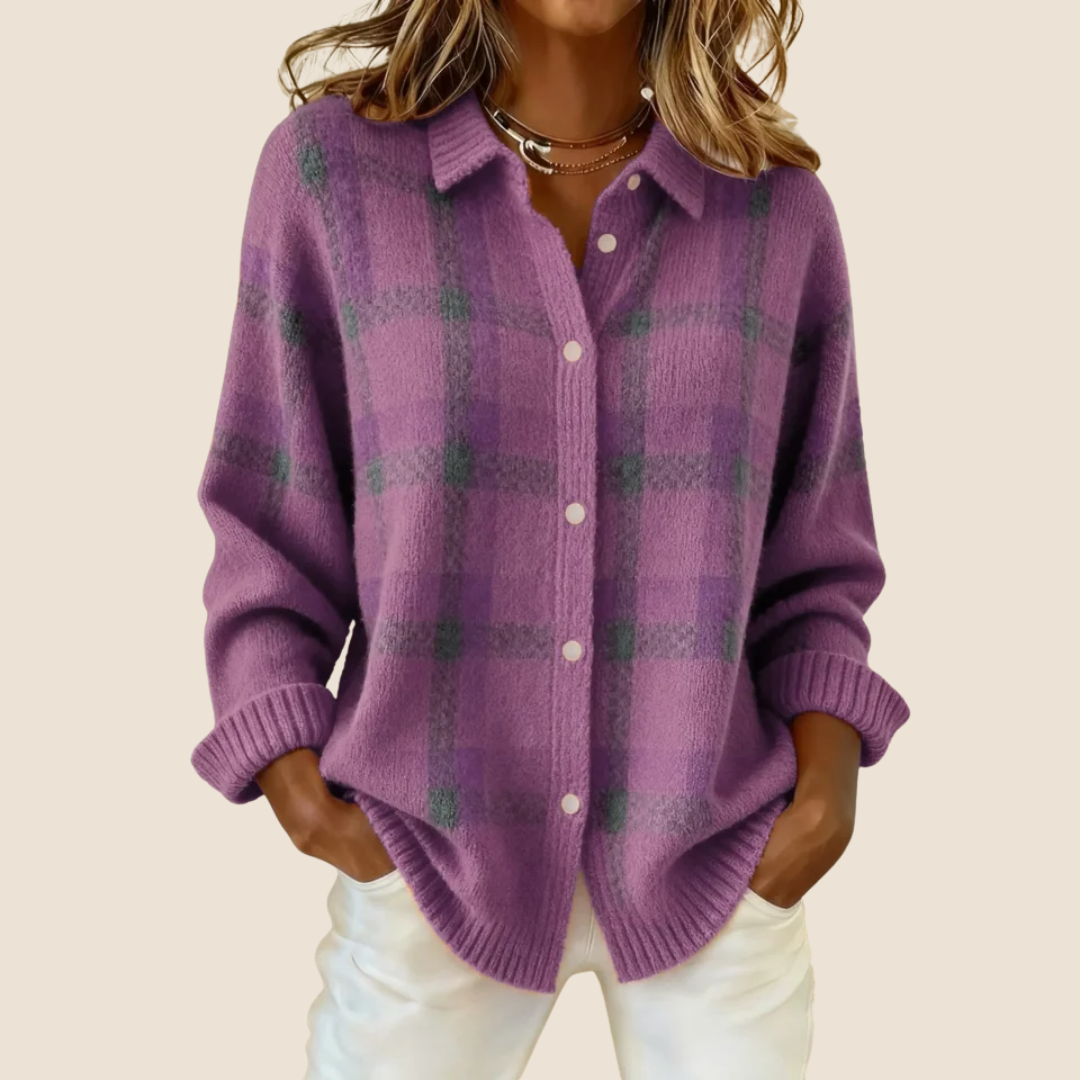 Friendly Retro Check Button Sweater For Women | Elodie