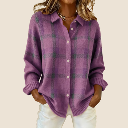 Friendly Retro Check Button Sweater For Women | Elodie