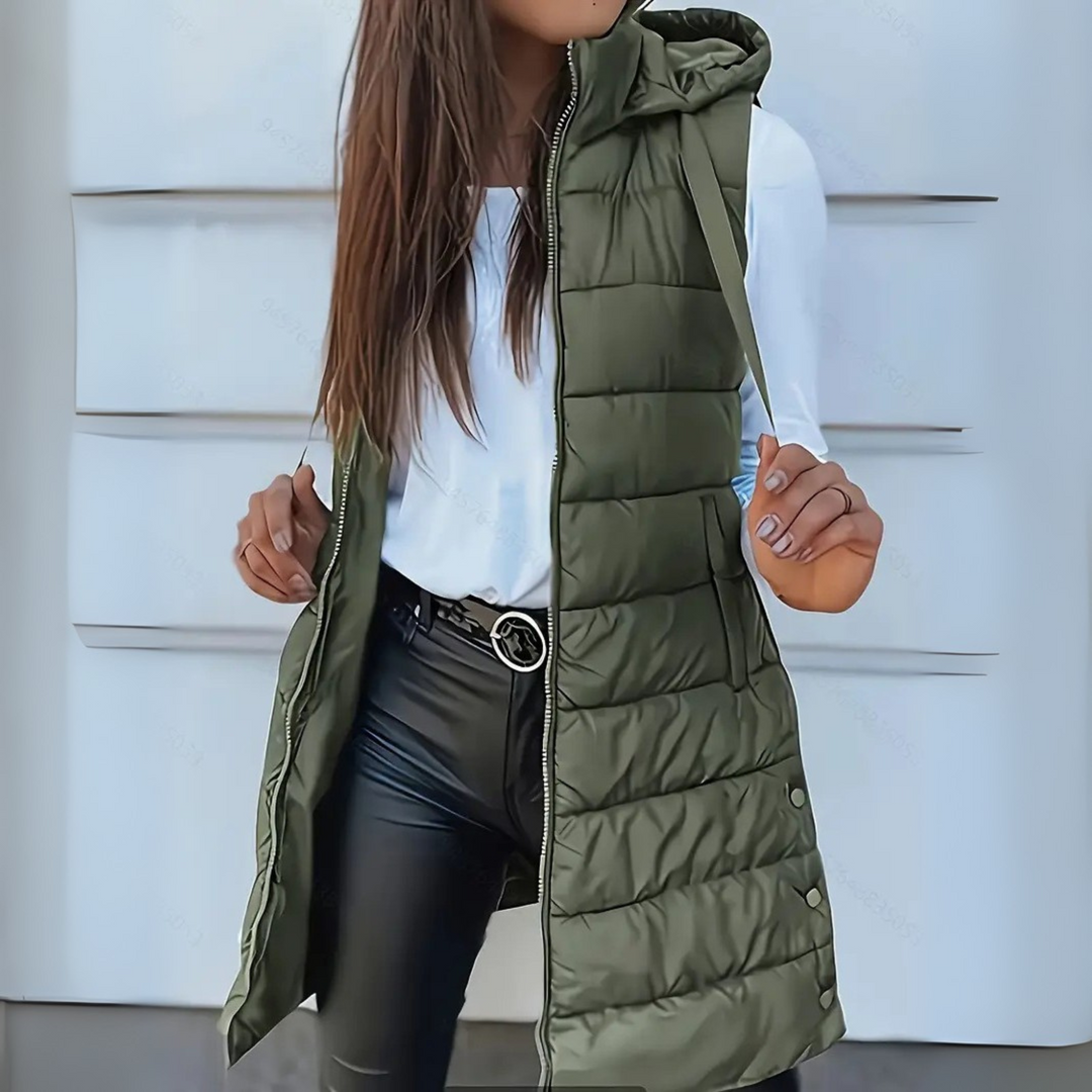 Kensington Casual Sleeveless Hooded Long Puffer Vest For Women | Elowise