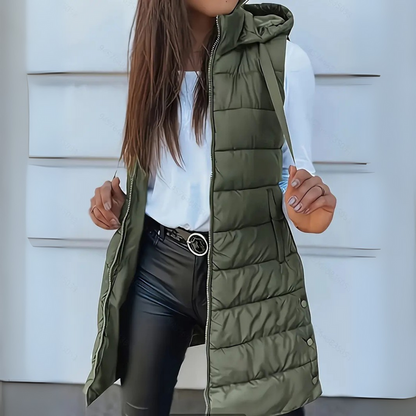Kensington Casual Sleeveless Hooded Long Puffer Vest For Women | Elowise
