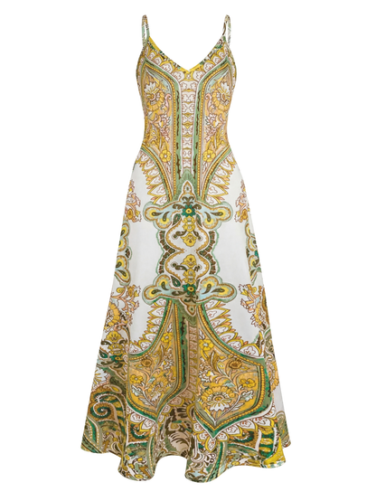Buttoned Boho Floral Print Sleeveless Dress For Women | Maravelle