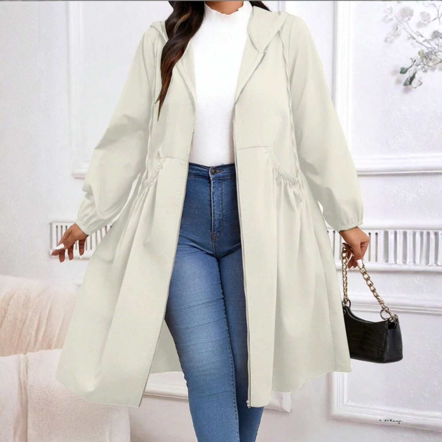 Draped Casual Drawstring Hooded Long Coat For Women | Elvarina