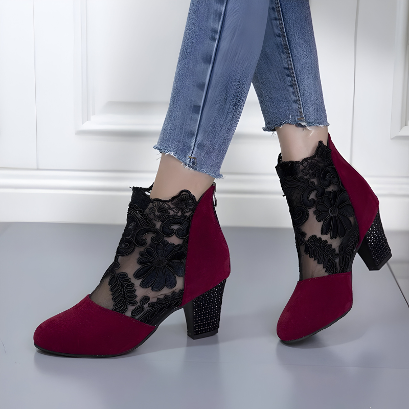 Mediterranean Lace Detail Block Heel Ankle Boots For Women | Valeria