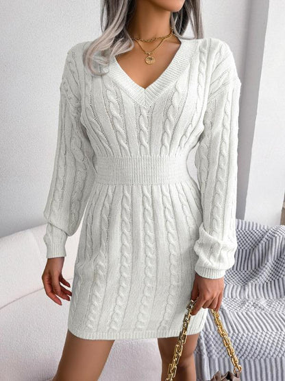 Belted Cozy Long Sleeve V Neck Sweater Dress For Women | Mirevalda