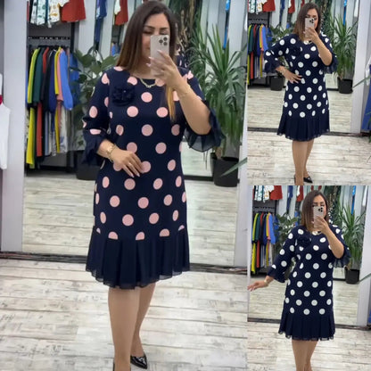 Edgy Pleated Polka Dot Midi Dress For Women | Clarisse
