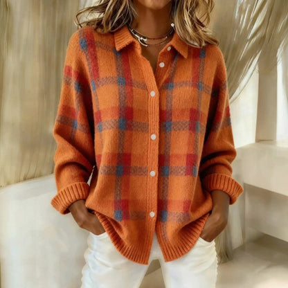Regal Relaxed Check Button Front Sweater For Women | Lanie