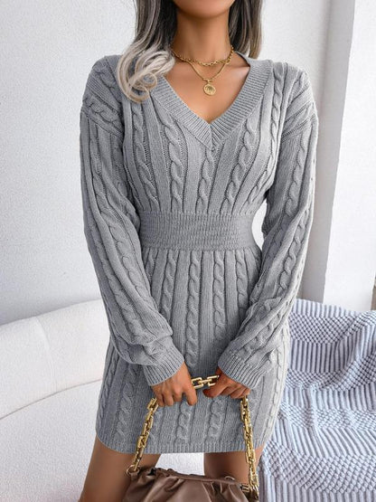 Belted Cozy Long Sleeve V Neck Sweater Dress For Women | Mirevalda