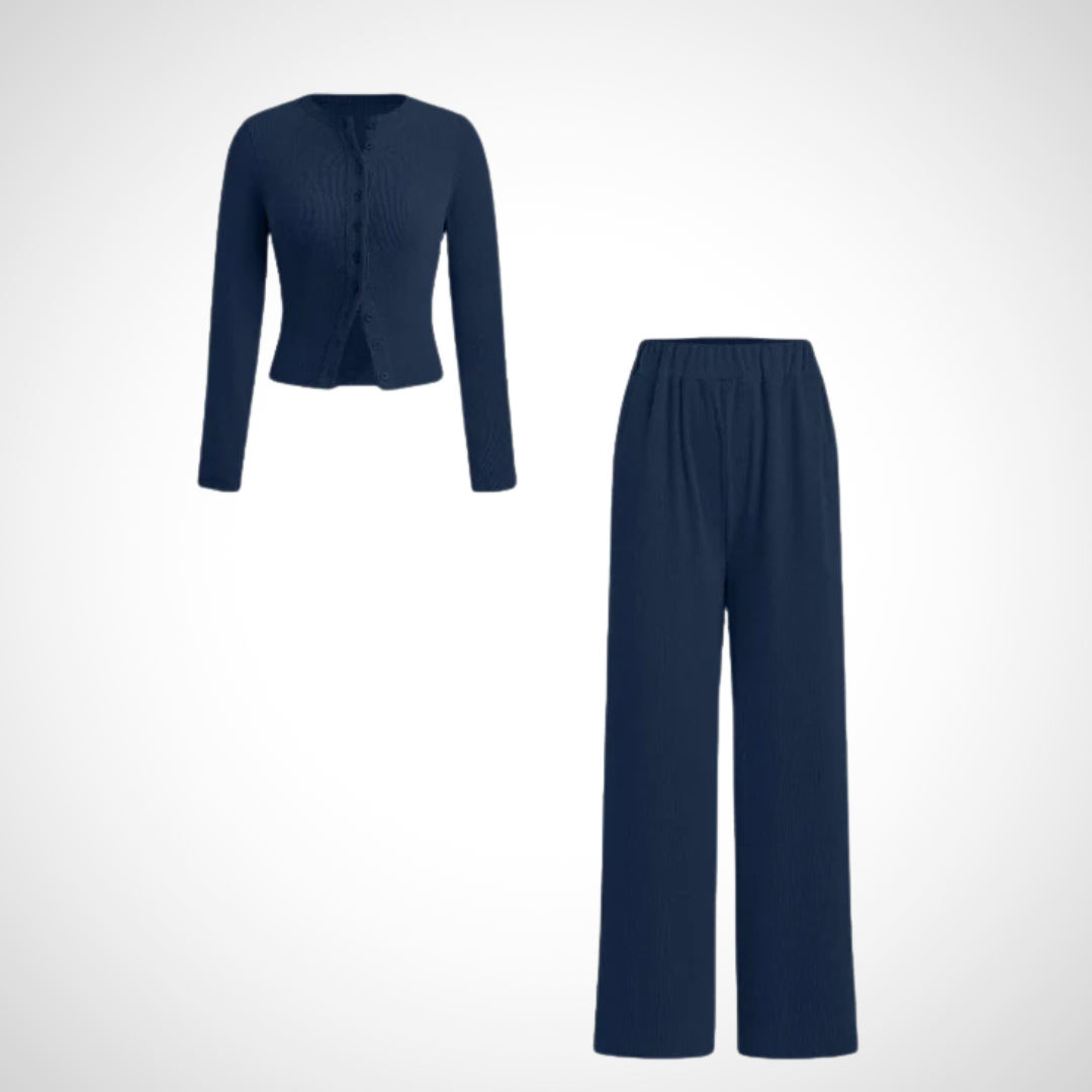 Cottage Elegant Button Front Long Sleeve Top And Trousers Set For Women | Arlena