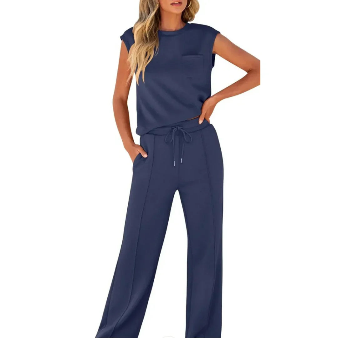 Marble Sleeveless Top And Wide Leg Trousers Set For Women | Eliana