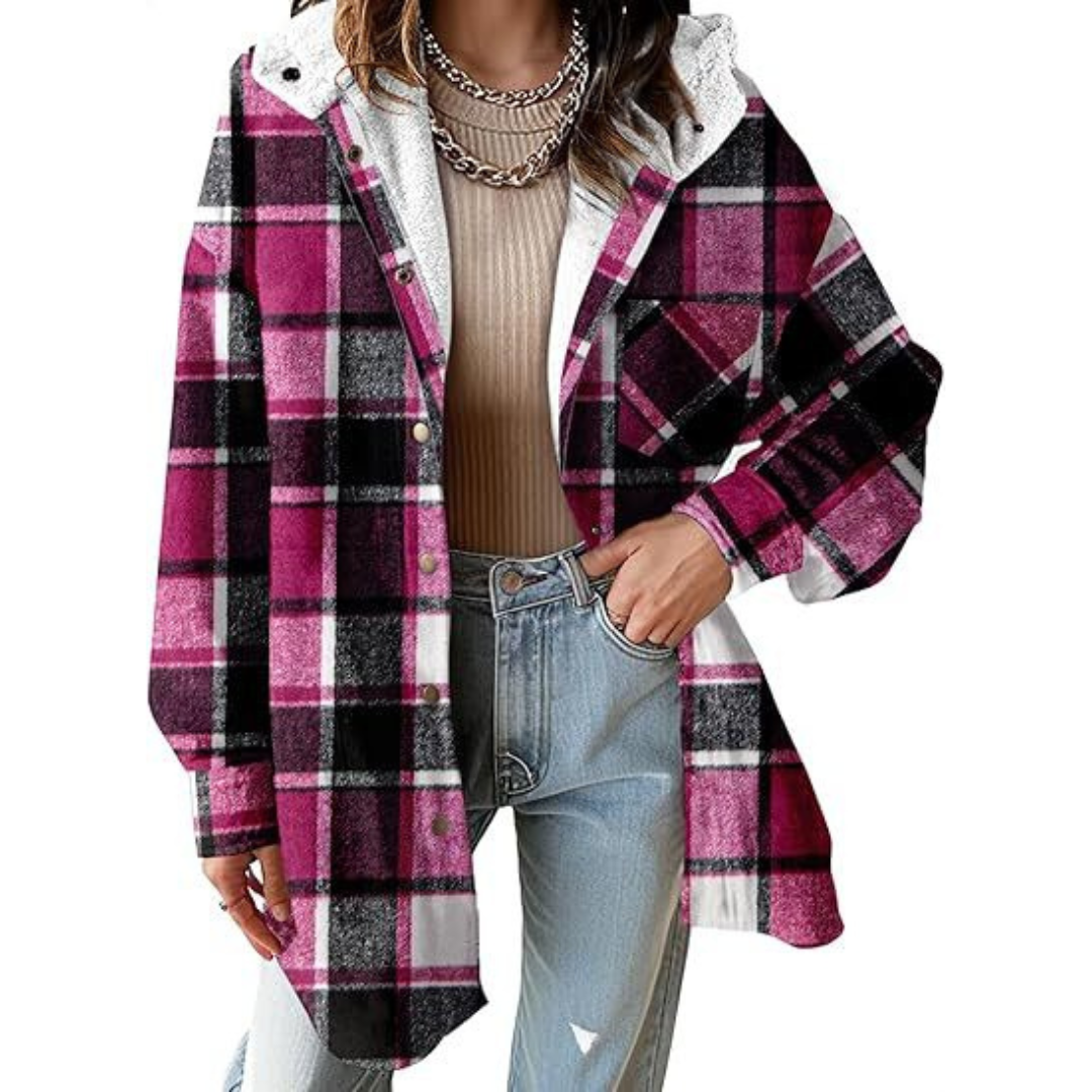 Long Relaxed Fit Hooded Plaid Jacket For Women | Brinley