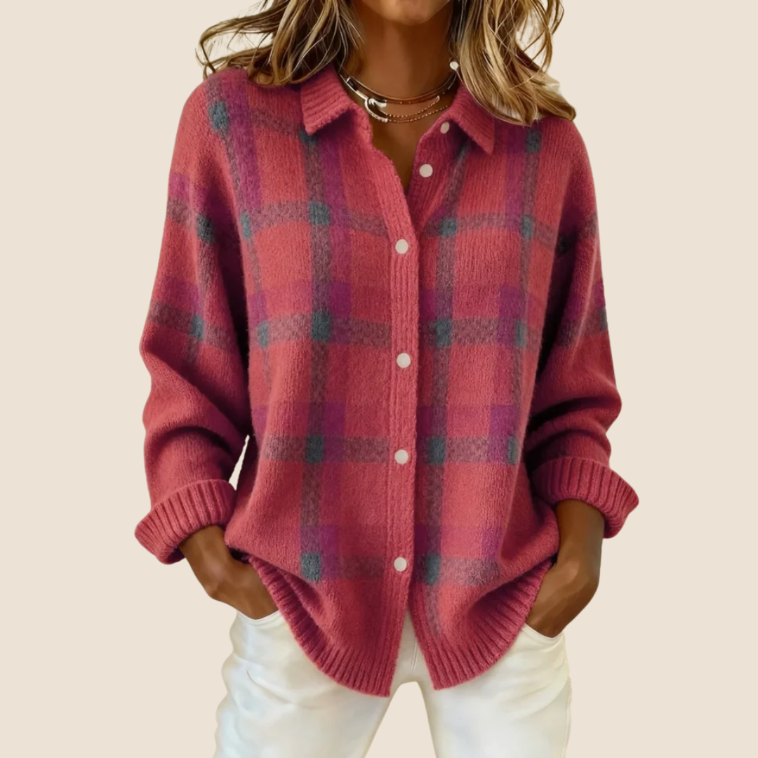 Friendly Retro Check Button Sweater For Women | Elodie