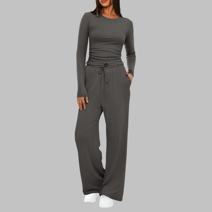 Hampstead Casual Long Sleeve Top And Wide Leg Trousers Set For Women | Eloria