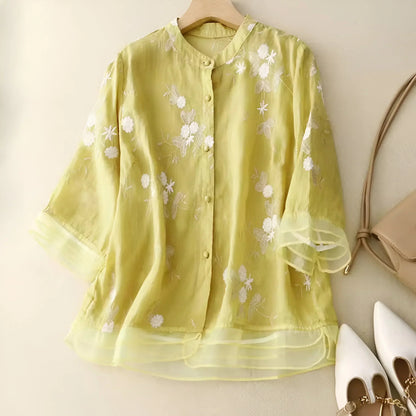 Conscious Embroidered Floral Button Blouse For Women | Liora