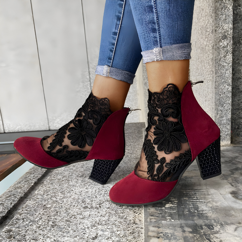 Mediterranean Lace Detail Block Heel Ankle Boots For Women | Valeria