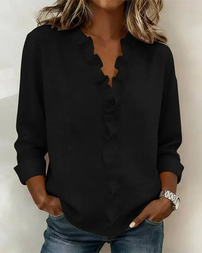 Centered Blouse with ruffled V-neck and long sleeves for women | Indie