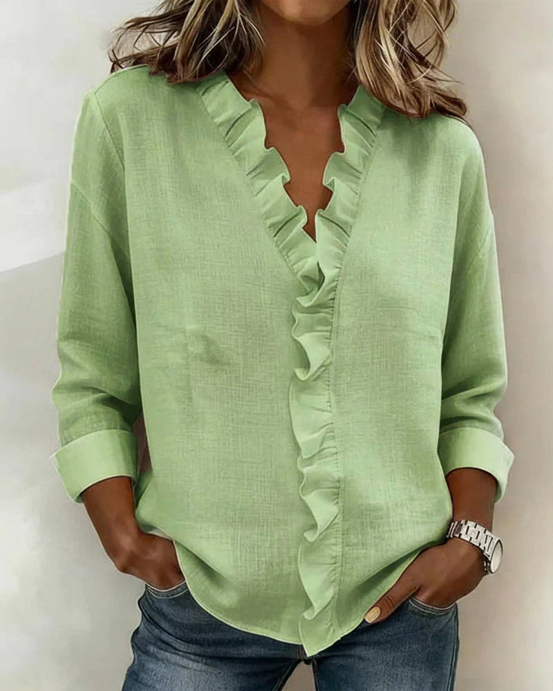 Centered Blouse with ruffled V-neck and long sleeves for women | Indie