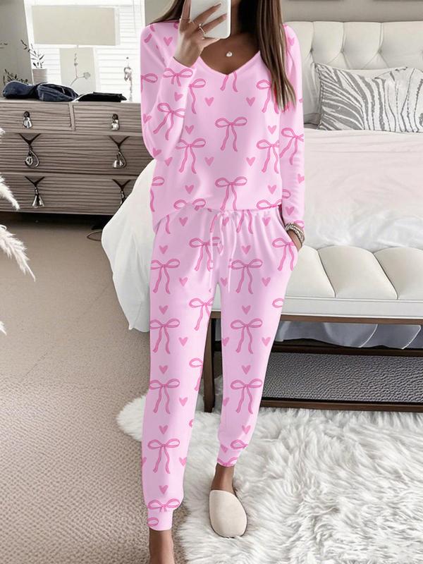 Pintucked Bow Print V Neck Top And Trousers Set For Women | Sandra