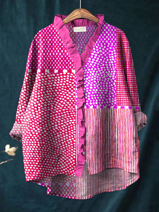 Friendly Patchwork blouse with ruffled neckline for women | Cassandra