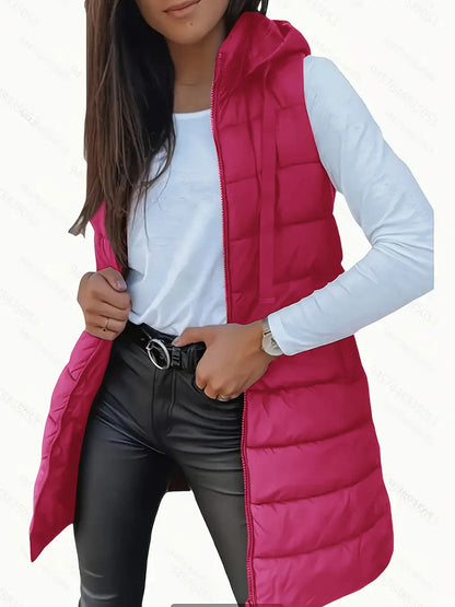 Kensington Casual Sleeveless Hooded Long Puffer Vest For Women | Elowise
