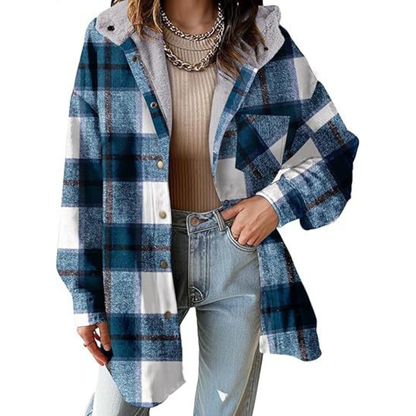 Long Relaxed Fit Hooded Plaid Jacket For Women | Brinley