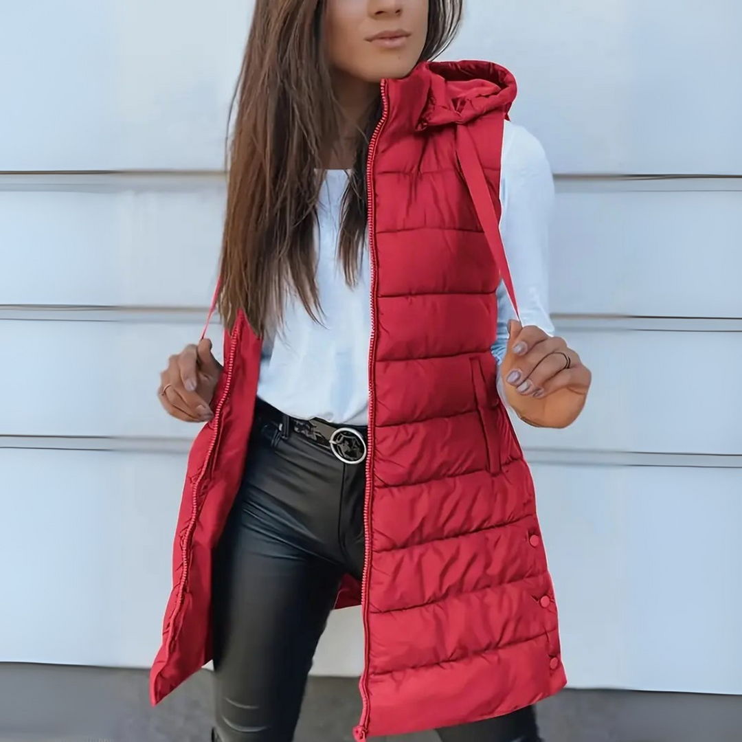 Kensington Casual Sleeveless Hooded Long Puffer Vest For Women | Elowise