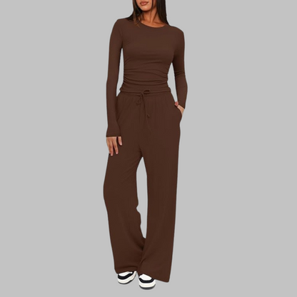Hampstead Casual Long Sleeve Top And Wide Leg Trousers Set For Women | Eloria