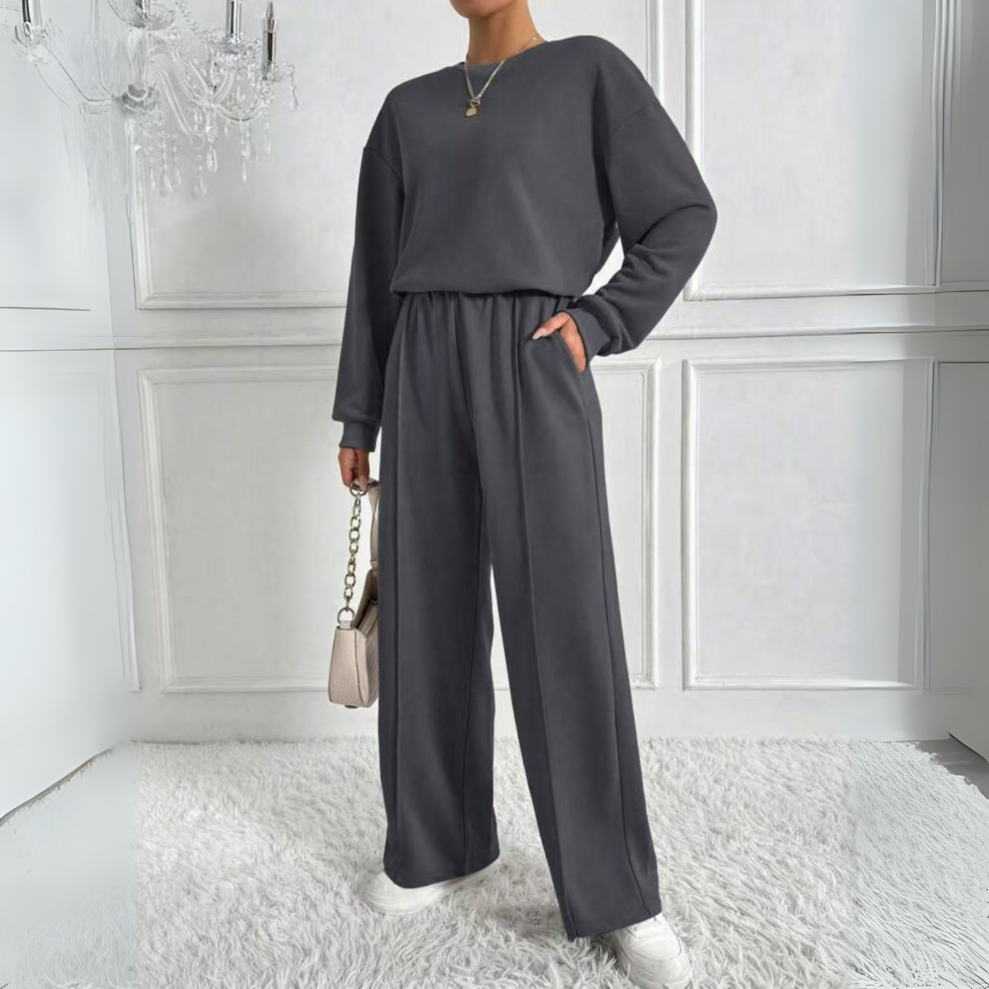 Slim Casual Long Sleeve Sweatshirt And High Waist Trousers Set For Women | Veloura