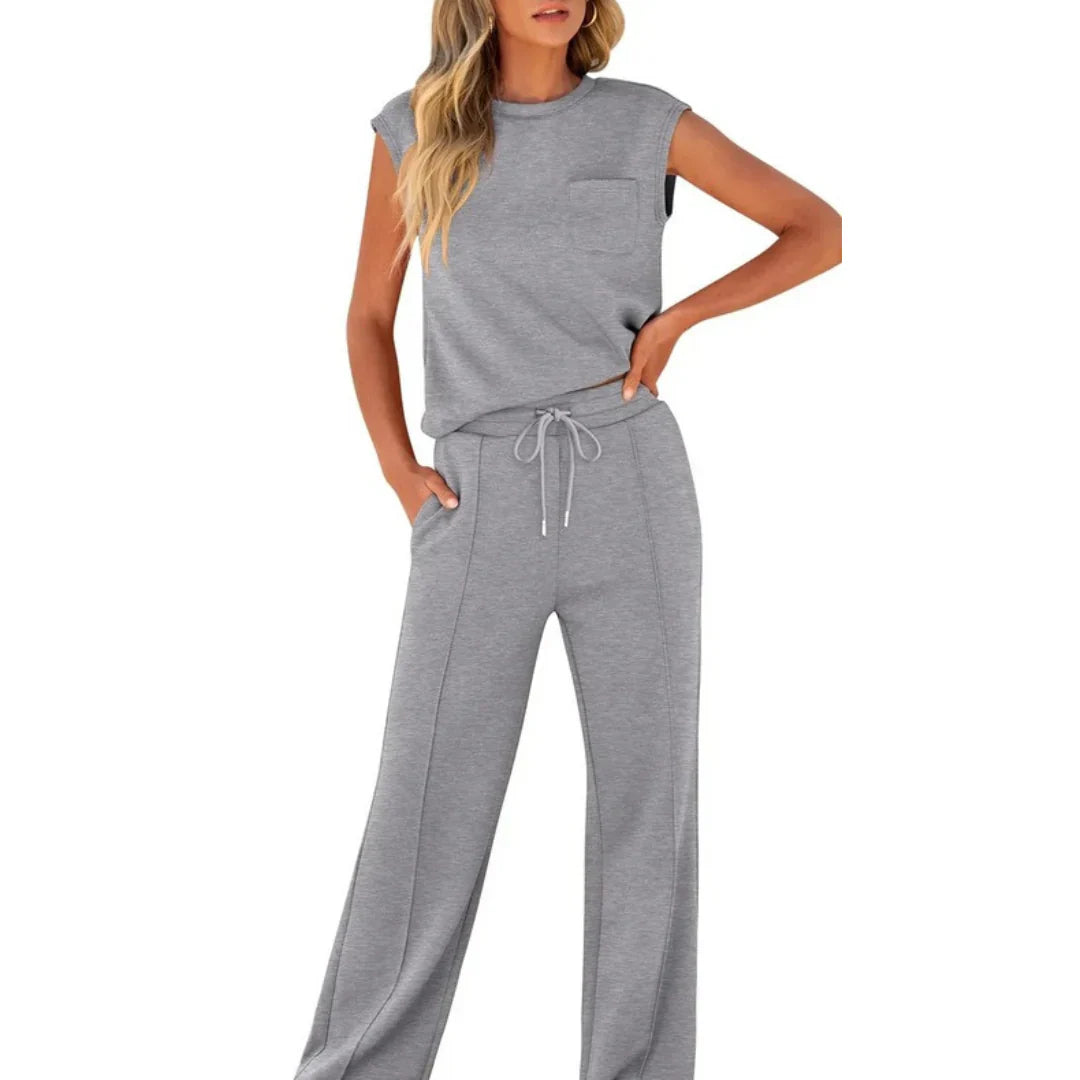 Marble Sleeveless Top And Wide Leg Trousers Set For Women | Eliana