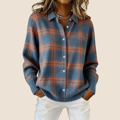 Friendly Retro Check Button Sweater For Women | Elodie