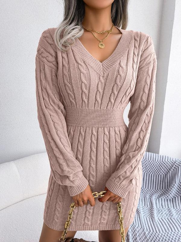 Belted Cozy Long Sleeve V Neck Sweater Dress For Women | Mirevalda