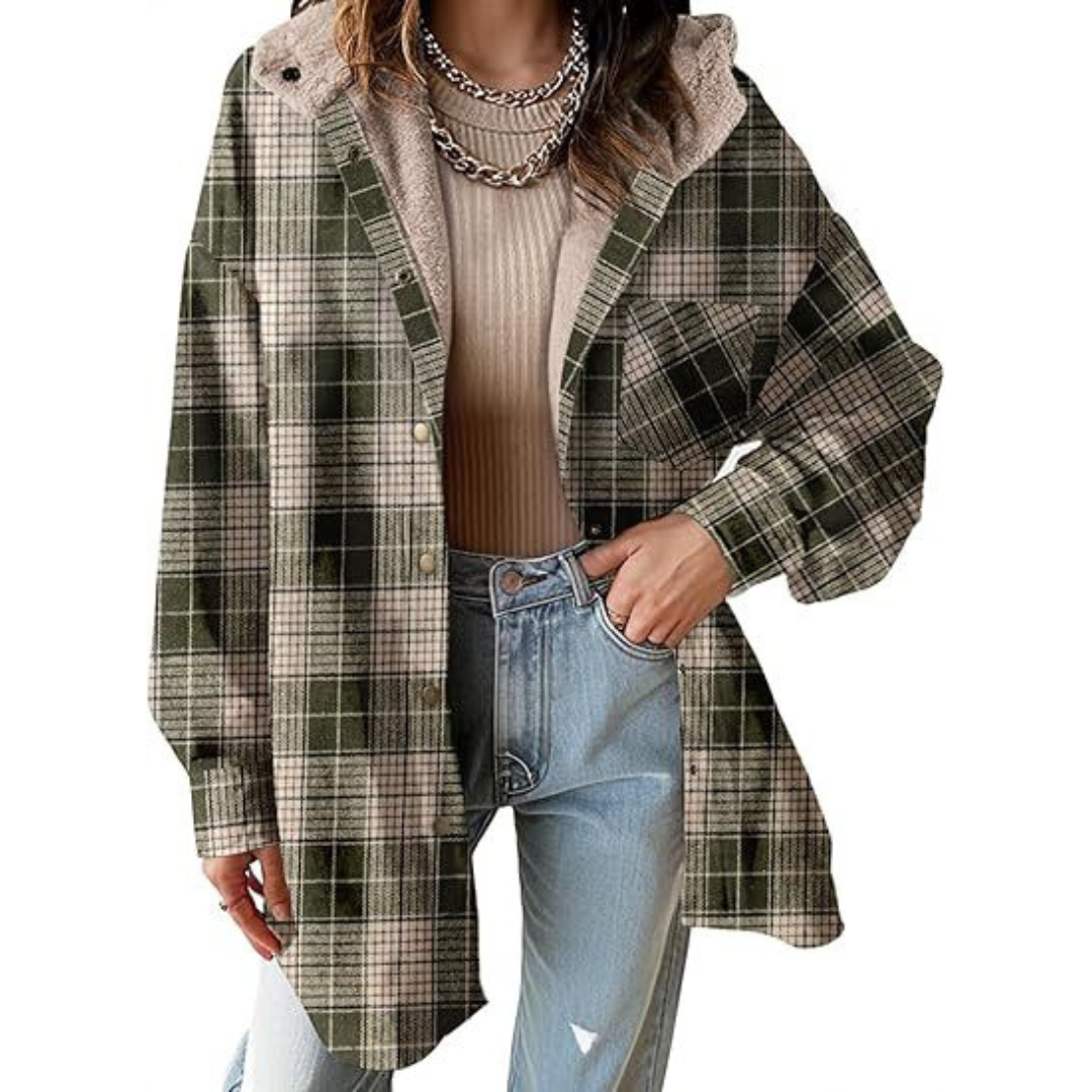 Long Relaxed Fit Hooded Plaid Jacket For Women | Brinley